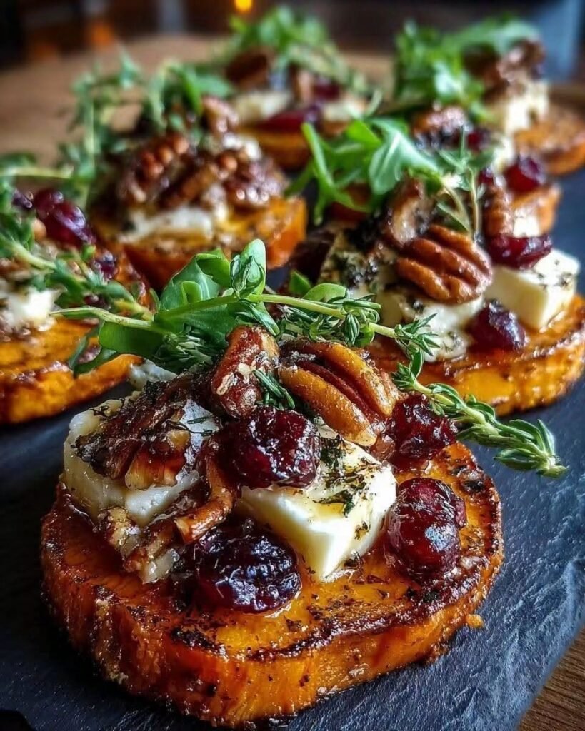 Roasted Sweet Potato Bites with Brie, Pecans & Cranberries
