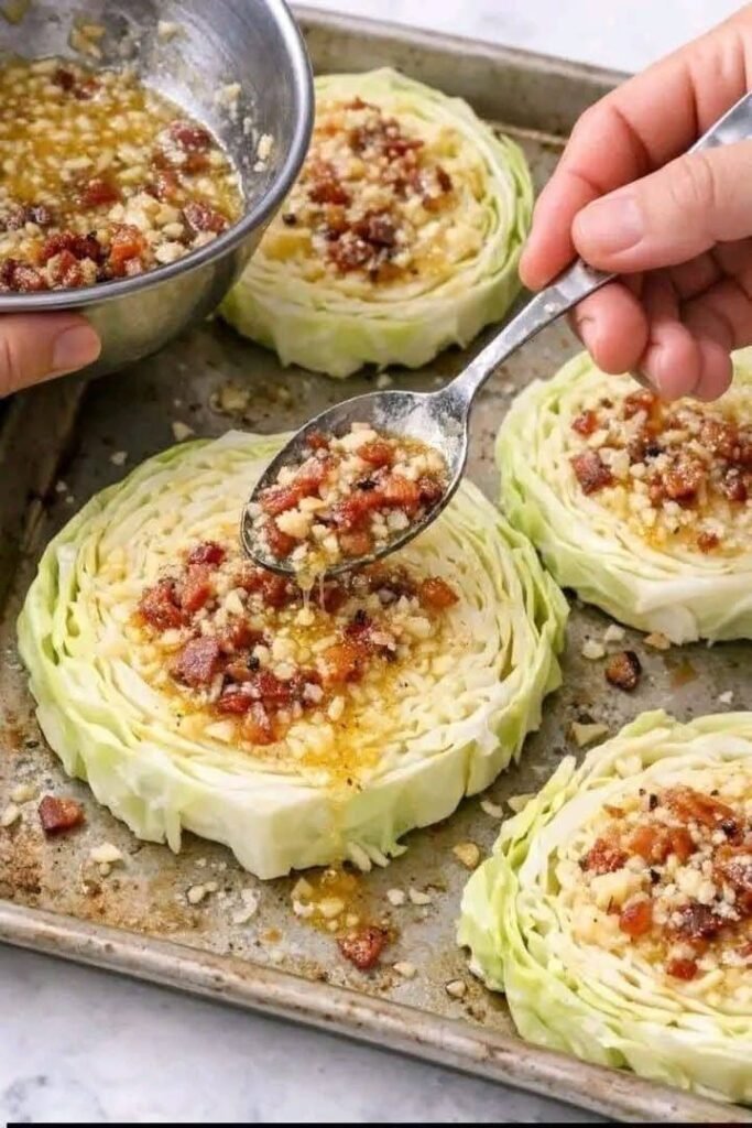 Crispy Roasted Cabbage Steaks with Bacon & Garlic Butter