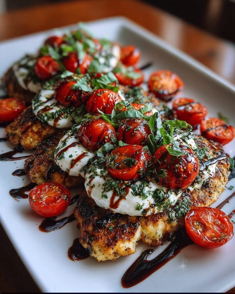 Italian Basil Chicken Cutlets with Roasted Tomatoes, Burrata & Balsamic Glaze