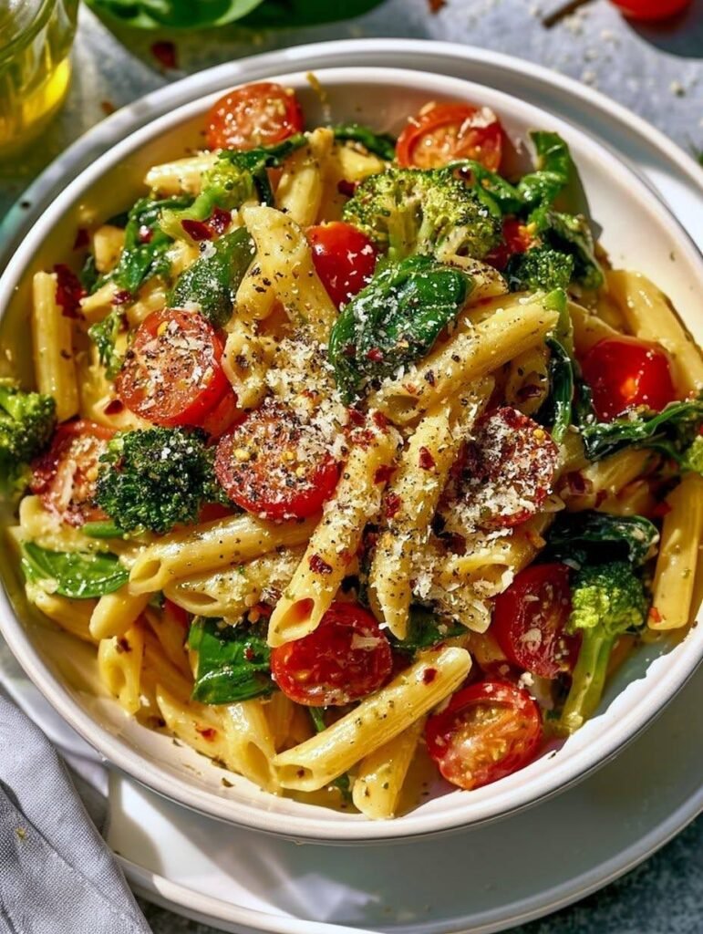 Cheesy Penne with Cherry Tomatoes, Spinach & Broccoli