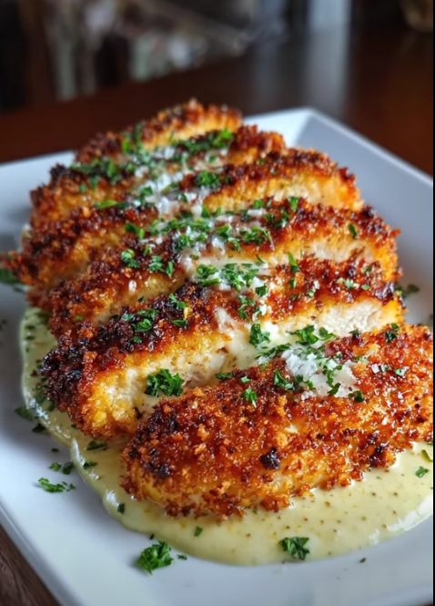 Parmesan Crusted Chicken with Creamy Garlic Sauce