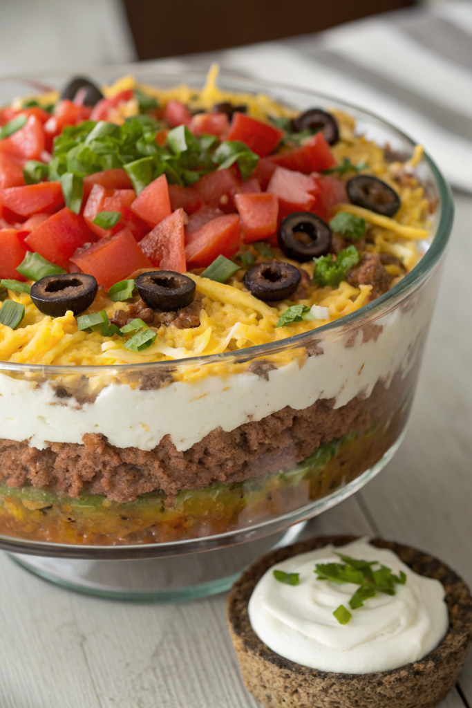 Layered Taco Dip Recipe with Ground Beef and Vegetables