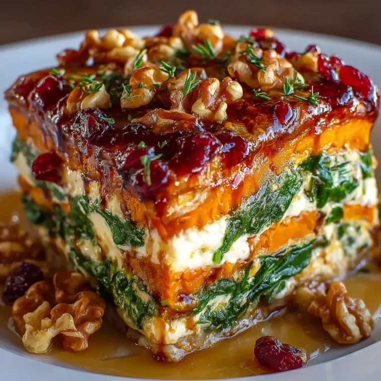 Sweet Potato Lasagna with Spinach, Ricotta, Walnuts And Cranberry Honey Sauce